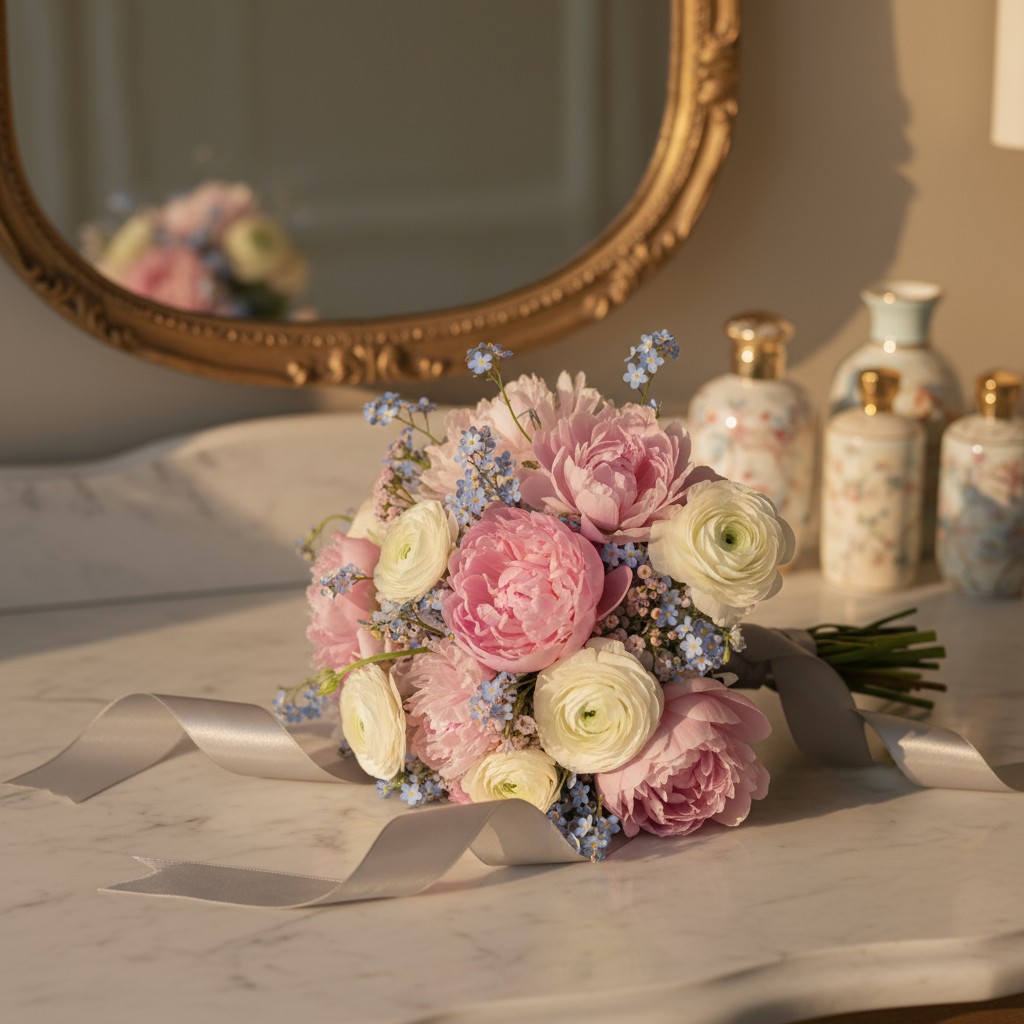 Here is the alt text you asked for: A pink, blue and white floral bouquet on a white marble table in front of a gold-frame...