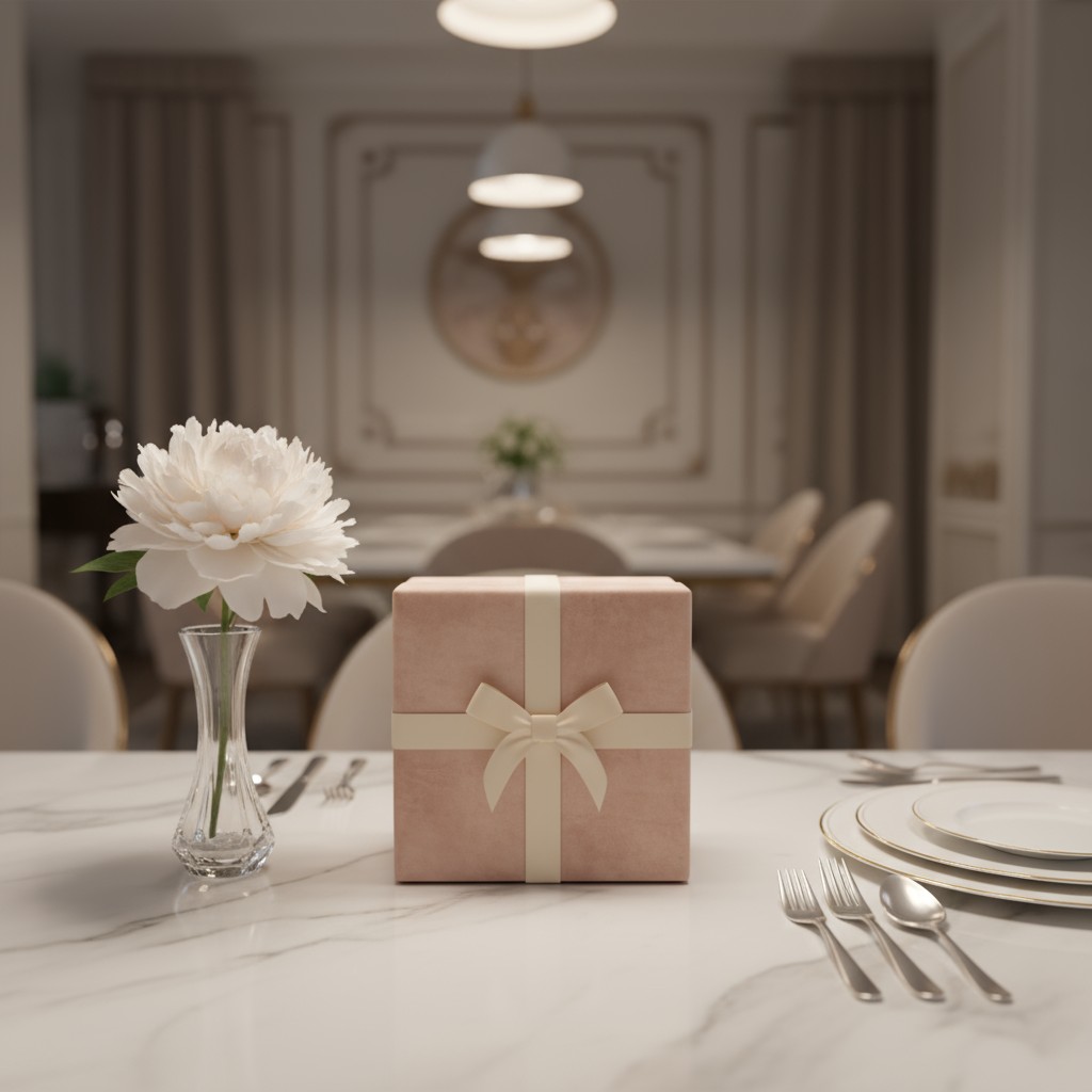 Decorated table in newly remodeled dining room with vase of flowers and wrapped gift box in the center.